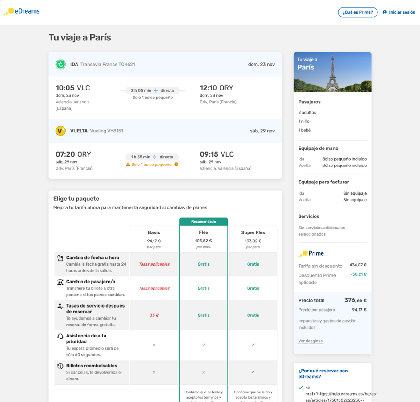 Legacy eDreams desktop checkout with the trip summary compressed into a narrow right sidebar