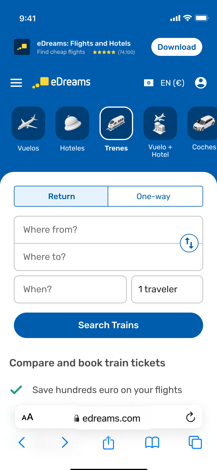 The shipped homepage: an explicit search form, dates, route, travelers, sitting directly on the page above the deals